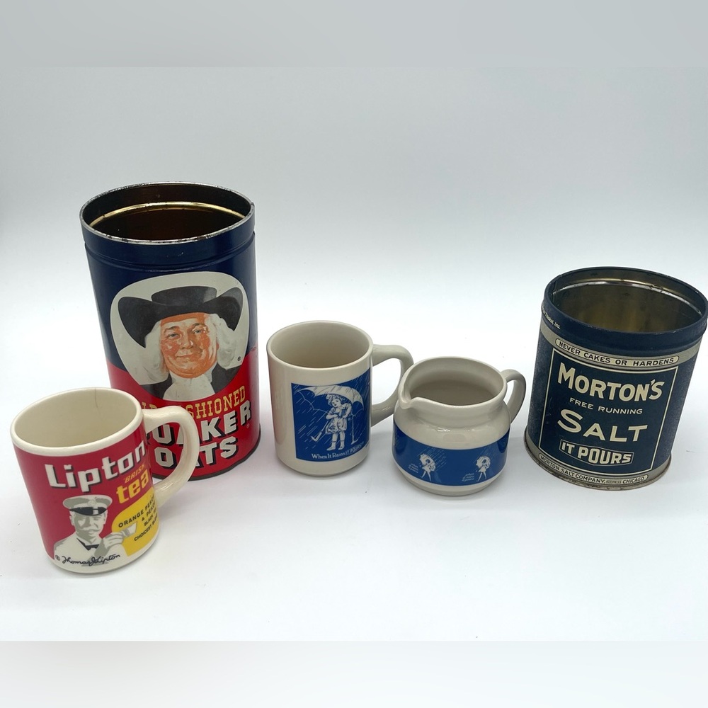 1982 QUAKER OATS & 1985 MORTON SALT Tin Can/Mug/Creamer Lipton Tea Cup